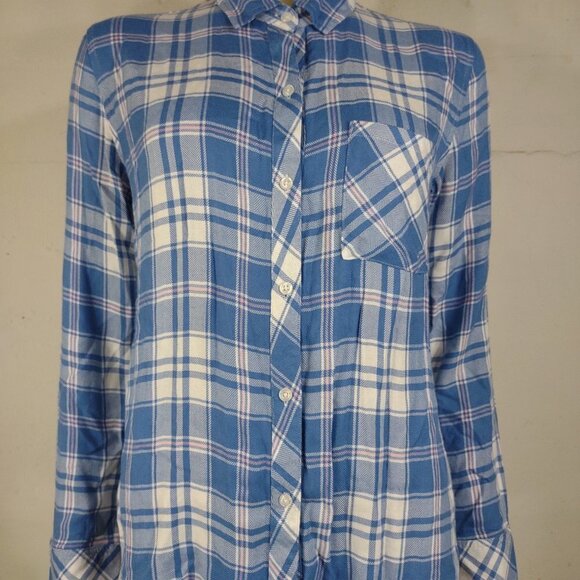 Rails blue white plaid button front 100% Rayon shirt blouse ladies Small - Picture 1 of 8